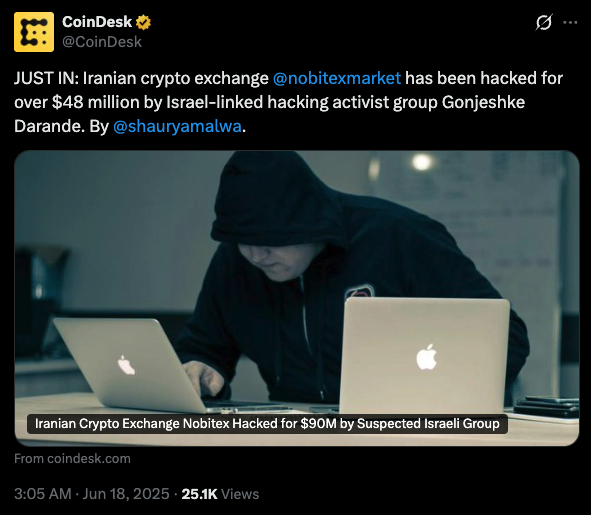 Nobitex Centralized Exchange Hack Drains ~$90M